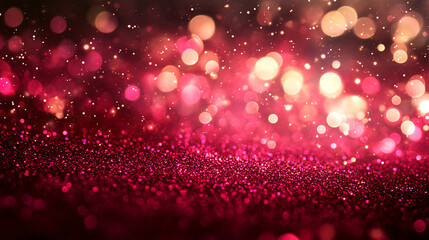 Abstract bokeh of red, pink, and purple gold glow particles on a dark background with copy space, creating a mesmerizing and dreamy visual effect