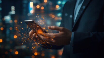 Businessman using a smartphone for online payment through a digital wallet, showcasing mobile banking and blockchain-based transactions in a global business context.