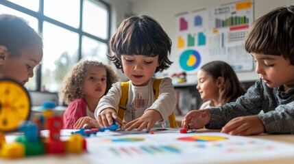 A child pretending to present AI research findings, showing toy charts and graphs to other children,