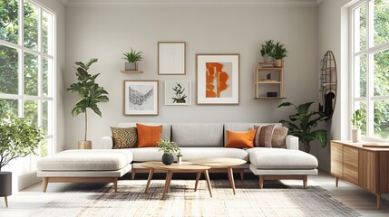 Fototapeta premium Welcoming and Spacious Modern Scandinavian Inspired Living Room with a Sizable Plush Fabric Sectional Mid Century Wood Furnishings and Abundant Natural Light Flooding the Space