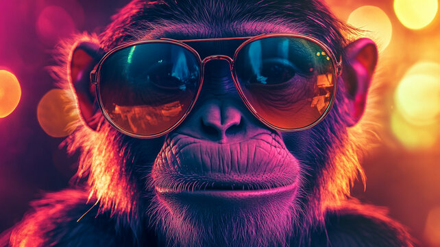 A playful chimpanzee wearing stylish sunglasses in vibrant colors at a lively night event