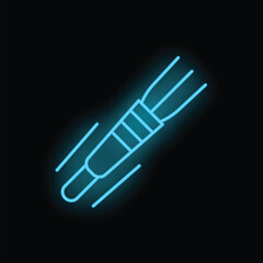 Obraz premium Blue neon icon of a whisk for whipping cream, beating eggs, and mixing ingredients, flying through the air with motion lines