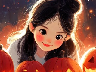 Joyful Girl in Pumpkin Hat with Bright Smile