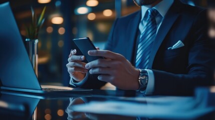 Corporate executive completing an online transaction via smartphone, using digital wallet and blockchain for secure mobile banking and financial services.