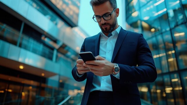 Corporate executive making a financial transfer via smartphone, using mobile banking and blockchain technology for secure global transactions.