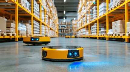 Automated warehouse with autonomous robots managing inventory, stacking products, and performing quality control in a seamless and organized operation