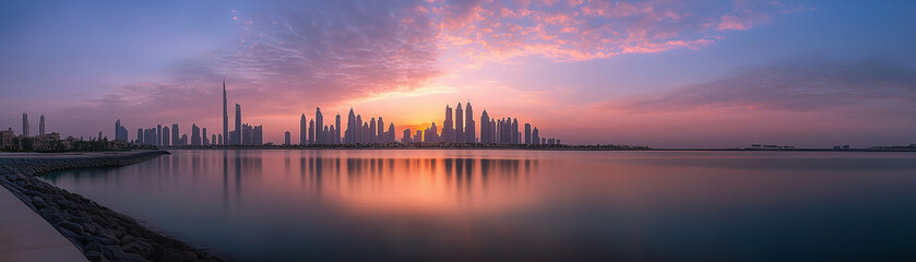 Fototapeta premium Panorama of Dubai against the sunset sky:shining skyscrapers,creating a picture of a modern metropolis where desert meets advanced technology