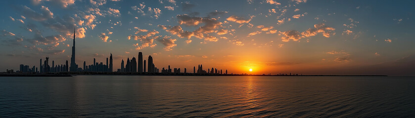 Panorama of Dubai against the sunset sky:shining skyscrapers,creating a picture of a modern metropolis where desert meets advanced technology