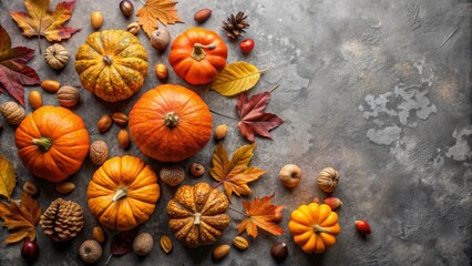 Fototapeta premium Rustic background featuring a variety of pumpkins, colorful leaves, and nuts, creating a warm and inviting autumnal scene