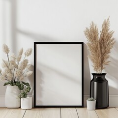 A minimalist interior scene featuring a blank frame beside decorative plants in stylish vases on a wooden floor.