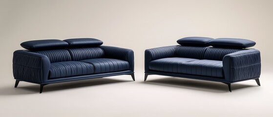 Luxurious Blue Leather Sofas in Elegant Studio Setting with Minimalist Design, Quilted Texture, and Soft Lighting - Stylish Home Decor Concept