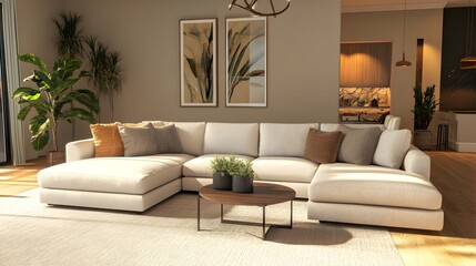 Cozy and inviting modern living room with a large comfortable sectional sofa and minimalist stylish decor vibrant color pops plush furnishings mid century modern influence and refined elegance