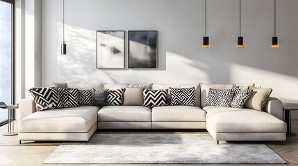 Cozy and inviting modern living room with a large comfortable sectional sofa and minimalist stylish decor accent pillows and geometric patterns sleek modern CGI render Bauhaus inspired look