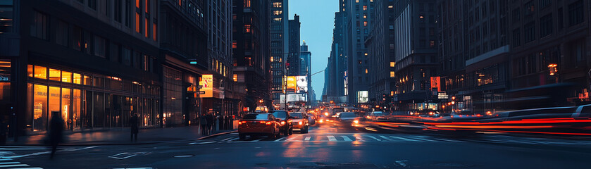 Obraz premium A panorama of New York City, where yellow cabs amidst the bustle of the city symbolize its undying energy and constant movement