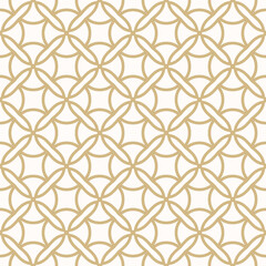 Fototapeta premium Vector geometric seamless pattern. Antique ornament texture with curved lines, crosses, circles, flower silhouettes, lattice. Simple gold and white abstract repeated background with medieval motifs