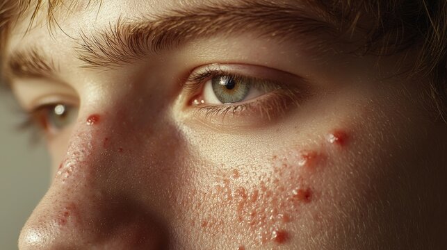 Close-up of a young adult's face with mild acne, showing small red pimples and inflamed areas around the cheeks and forehead.