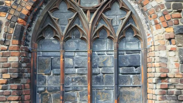 Intricate Gothic window design in historic stone church located in Europe during midday light