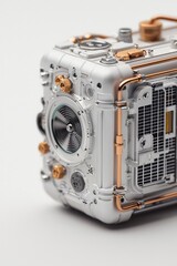 Intricate Metallic Mechanism Close-Up View of Futuristic Steampunk Tech on White Background - Modern Industrial Design for Technology Concept