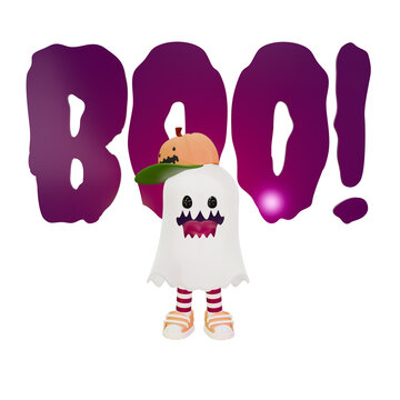 3d illustrated cute halloween ghost on transparent background. Including, ghost, Boo and pumpkin's cap