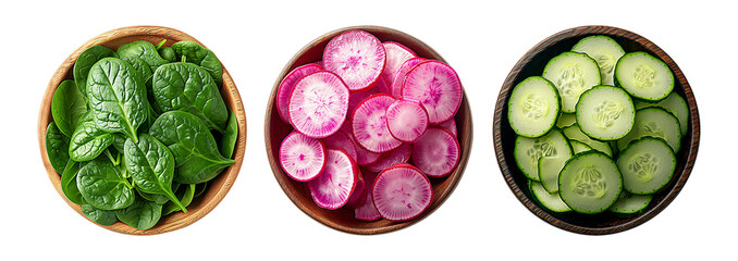 Spinach leaves, sliced radishes, and cucumber rounds arranged in wooden bowls offer a colorful and healthy selection of fresh ingredients