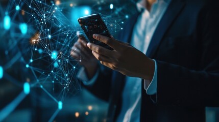 Corporate professional using smartphone for mobile banking payments, utilizing blockchain technology for secure global financial transactions.