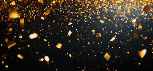 Golden confetti falling on a black background.