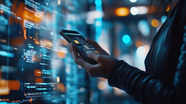 Corporate professional using smartphone for online payment, leveraging blockchain technology and digital wallet for secure global financial transactions.