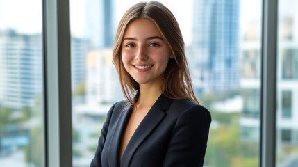 Fototapeta premium Young woman in a business suit, smiling confidently in a modern office environment, bright cityscape in the background