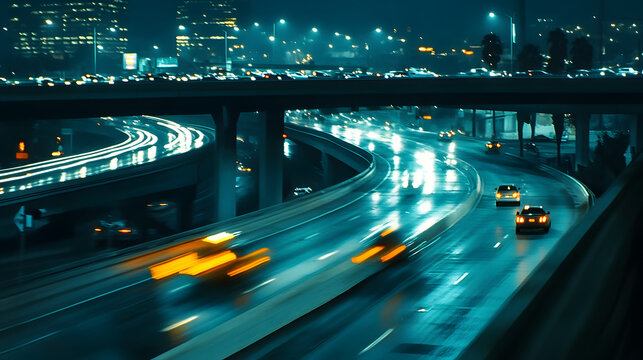 A high-speed chase on an elevated freeway cars weaving through traffic under the bright city lights.