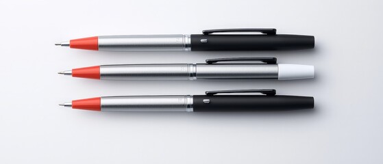 Elegant Metal Pens Trio on White, Minimalist Professional Office Supplies, Brushed Silver Finish, Luxury Stationery Concept, Product Photography for Marketing and Advertising