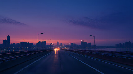 Obraz premium A high-speed chase on an empty bridge at dawn the city skyline silhouetted against the morning sky.