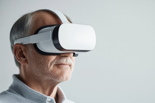Captivating Close-Up Portrait of Senior Man in White VR Headset on Neutral Gray Background - Modern Technology Concept for Marketing and Editorial Use