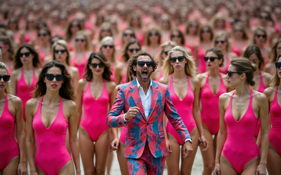 A charismatic man in a vibrant suit walks among women in pink swimsuits, showcasing confidence, individuality, and style. Perfect for fashion, dating, social dynamics, empowerment, and summer events.