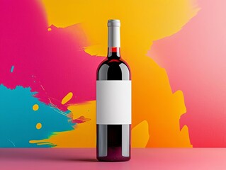 Wine bottle with blank label against a vibrant abstract background, bold colors, artistic mockup for creative and modern branding