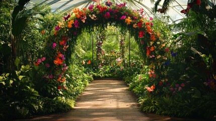 Fototapeta premium A whimsical garden wedding backdrop with an archway of colorful flowers, vines, and butterflies, set in a lush, green botanical garden