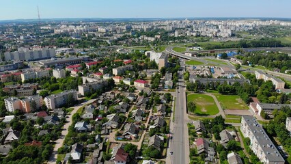 Drone capturing modern city residential area with apartment buildings Grodno city and private...