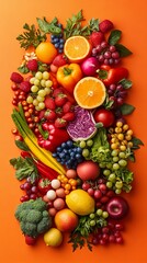 A colorful assortment of vegetables and fruits arranged in a harmonious composition on a radiant orange background