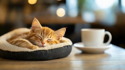 Sleepy orange cat resting near a cup of coffee in a cozy environment.