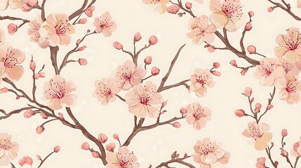Fototapeta premium Delicate Plum Blossom Seamless Pattern in Soft Pink and Dusty Brown Tones on Beige Background for Fabric and Wallpaper