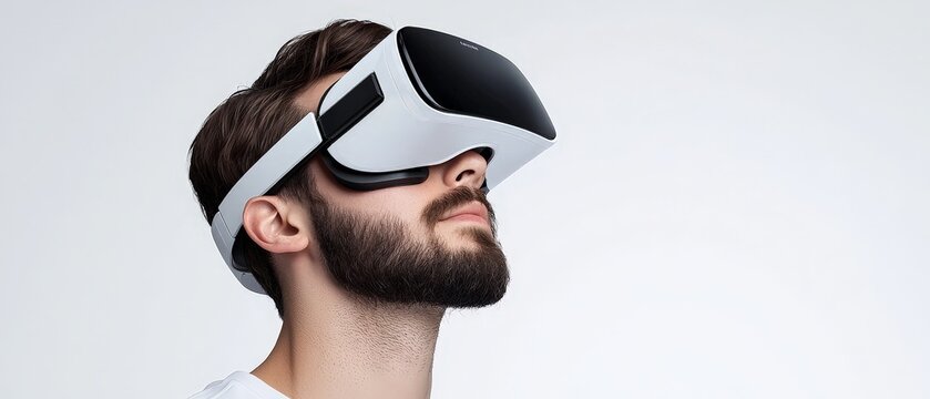 Futuristic Virtual Reality Experience Close-Up Male Portrait with Reflective VR Headset on Clean White Background - Modern Gaming Technology Concept