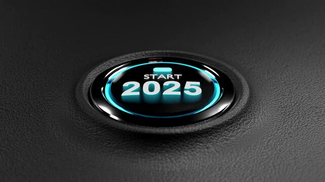 Start New year 2025 concept.Finger about to press a car ignition button with the text 2025 start.concept happy new year 2025,start,strategy,win,plan,goal,go,power,new life and objective target