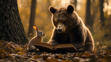 A bear and a rabbit reading together in a tranquil autumn forest during sunset