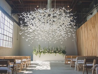 A unique modern wedding backdrop with a hanging art installation of white paper cranes or geometric shapes, suspended over a minimalistic ceremony space