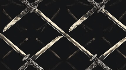 Naklejka premium Bold Stylized Samurai Sword Seamless Pattern on Black Background