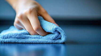 A hand is wiping a blue towel on a table
