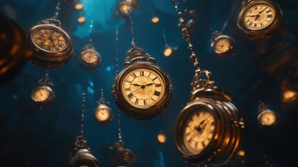 Multiple antique pocket watches suspended in mid-air, glowing against a dark background