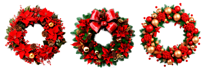 Set of three beautiful Christmas wreaths over isolated transparent background