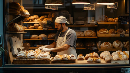 A local bakery in a small town with the baker arranging freshly baked bread in the display window.