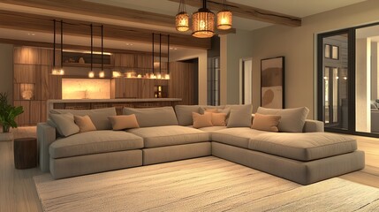 Inviting and cozy modern living room with a large L shaped sectional sofa a mix of modern and rustic elements and warm lighting that creates a serene and harmonious atmosphere