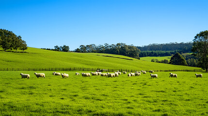 Fototapeta premium A local farmer herding sheep across a green pasture under a clear blue sky.